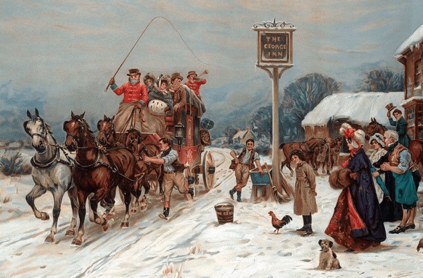 The image is a snow scene showing a stagecoach on a winter's day outside a coaching inn.